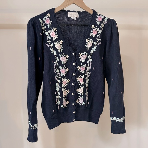 Vintage Navy Embroidered Floral Cardigan Sweater - Picture 1 of 6